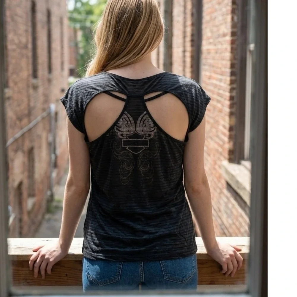 Harley-Davidson Womens XL Black Burnout Rhinestone Logo Strappy Cutout Back Top
